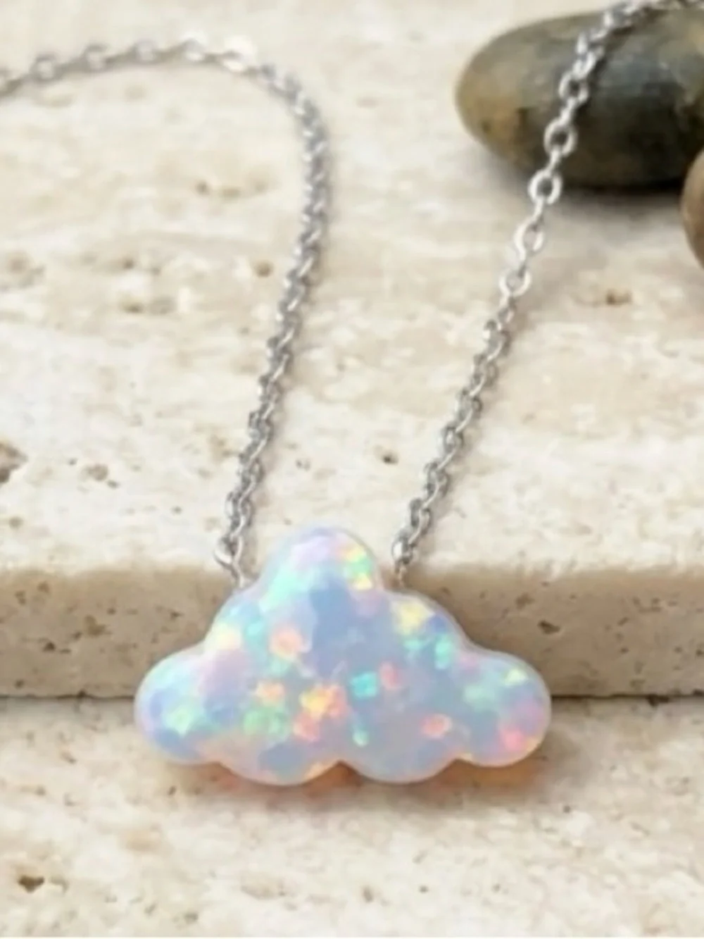 “White Opal Cloud” Rainbow Iridescent Glittery Cumulus Sky Weather 925 Necklace